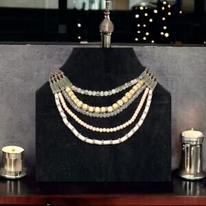 Multi-Strand Beaded Statement Necklace Neutral Tones with Gunmetal Chain